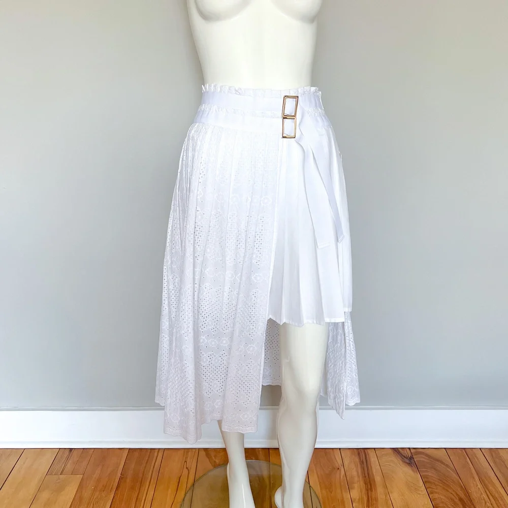 Liu Jo White Eyelet Pleated Cotton Asymmetrical Skirt 6US 42IT Italy Made NWT